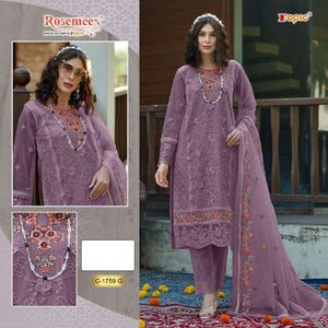 Traje Étnico de Invierno Semisellado con Apliques Bordados, Top de Organza, Pantalón de Santoon y Dupatta, Venta al Por Mayor por Aarika Textile - Product Image 3