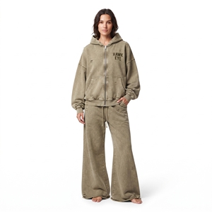 Ensemble de survêtement femme délavé à l'acide, couleur unie, coupe décontractée, avec sweat à capuche zippé à manches longues et épaules tombantes, et pantalon de jogging évasé à jambes larges - Product Image 2
