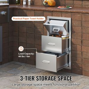 Mobile da Cucina Esterno in Acciaio Inox 17W X 30H X 21D Pollici con Cassetti a Doppio Accesso e Portarotoli per Isola BBQ e Griglia - Product Image 6