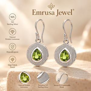Pendientes de Plata de Ley 925 con Peridoto – Diseño de Disco Acanalado con Gema Cabujón en Forma de Pera - Product Image 6