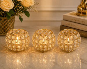 Elegant Crystal <b>Tealight</b> <b>Candle</b> Stand Set of 3 – Gold Finish Votive Holders for Wedding, Diwali & Christmas Decor - Product Image 4