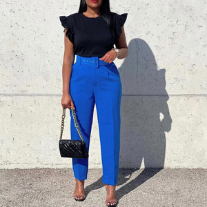 High Waist Pencil Pants With Pockets Ankle-Length Casual Summer Women's <b>Trousers</b> Crepe Fabric Anti-Wrinkle Zipper Fly - Product Image 2