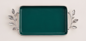 Plateau de service rectangulaire de luxe vert foncé émaillé avec poignées en forme de branche argentée, plat en métal pour table basse et décoration de salon - Product Image 2
