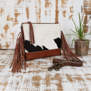 Cowhide Leather Fringe Crossbody <b>Bag</b> Western <b>Boho</b> Shoulder Purse With Tassel Strap And Brown Leather Trim - Product Image 3