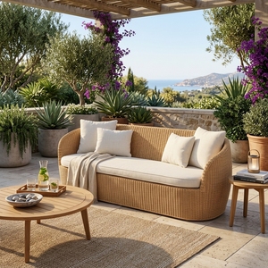 Natural Woven Rattan Outdoor Seater <b>Sofa</b> Curved Off White <b>Bench</b> Mattress Pillows Patio Lounge Couch Setup Decor Pure Art - Product Image 5