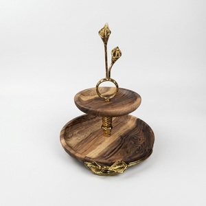 Luxury 2 Tier Wooden <b>Cake</b> Stand With Metal Ginkgo Leaf Branch Handcrafted Acacia Wood Dessert <b>Server</b> For Party & Hotel Buffet - Product Image 4