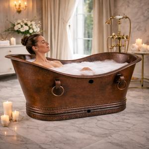 Baignoire autoportante de luxe en cuivre, design vintage, ovale, avec poignées en bronze, pour villa, hôtel, complexe hôtelier - Product Image 1