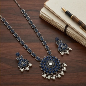 DIVYORO Royal Blue Floral Motif Oxidized Silver <b>Boho</b> Chic Adjustable Length <b>Necklace</b> and Earring Set for Anniversary - Product Image 2