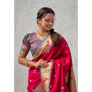 Sari en soie Paithani Elite Weaves rose Chandrakor Swan Yeola avec contraste Zari tissé, vêtements indiens et pakistanais - Product Image 2