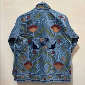 Wholesale Factory Custom <b>Women</b> Heavy Thread Embroidery Dusty Blue <b>Velvet</b> <b>Jacket</b> Casual Open Front Stand Collar Short Coat OEM - Product Image 2