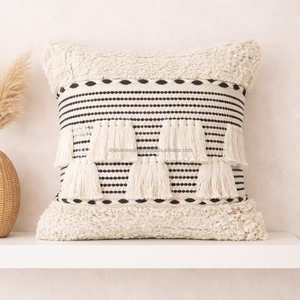 Funda de cojín boho con patrón geométrico en capas y flecos, cojín decorativo tejido, toque bohemio de algodón para casa de campo - Product Image 5