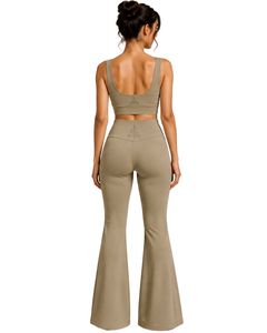 Manufacturer Customized Taupe Women <b>Flared</b> Yoga Set Embroidered Sports Bra And High Waist Bell Bottom <b>Leggings</b> Activewear Set - Product Image 2