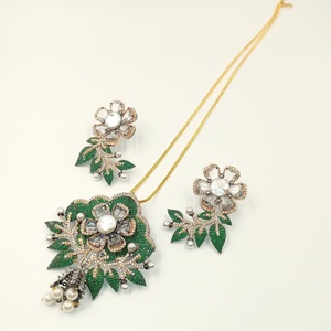 Victorian Style <b>Ruby</b> Emerald Pearl Pendant Rose Gold Black Plated Brass <b>Necklace</b> Bridal Jewelry Indian Wedding <b>Necklace</b> Set - Product Image 1