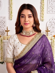 AARA Fashion Purple <b>Velvet</b> Silk <b>Saree</b> Gold Embroidery Border Sun Protection Wedding Occasion Women Traditional Floor Length - Product Image 4