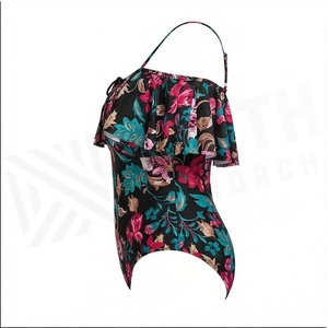 Maillot de bain une pièce à imprimé floral pour femmes, épaules dénudées, volants, bandeau, tricoté extensible, coupe régulière - Product Image 1