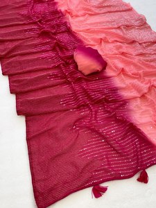 Party Wear Saree rouge pour dames avec gros travaux de point de chaîne - Product Image 4