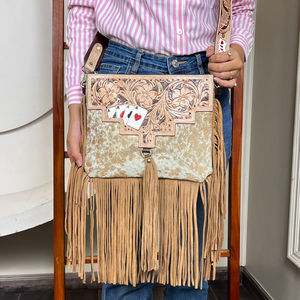 Sac bandoulière Western 2026 élégant en cuir de vachette fait main avec franges, motif cartes de poker, style cowgirl bohème - Product Image 4