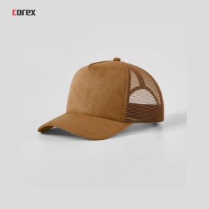 Casquette 5 panneaux ajustable en daim marron personnalisé avec dos en maille, logo brodé 3D, style streetwear unisexe, pour plage et soirées, fermeture snapback - Product Image 2