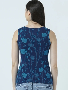 Camiseta sin mangas con estampado floral para mujer, cuello redondo, informal, de punto, de algodón, azul - Product Image 5