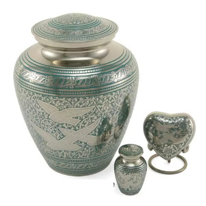 Urne funéraire en laiton gravée avec des oiseaux volants verts pour les cendres humaines d'un adulte, urne commémorative en métal, récipient décoratif - Product Image 3