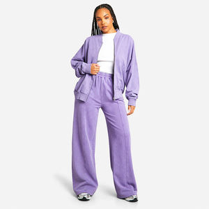 Ensemble de survêtement pour femme : veste bomber violette zippée et pantalon de jogging à jambes larges, tenue de sport - Product Image 2