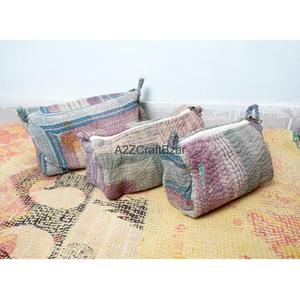 Handmade Casual Quilted Silk Screen Printed Tassel Pattern Kantha Pouch Set Artisan Eco-Friendly Cotton Cosmetic Zipper Soft - Product Image 3