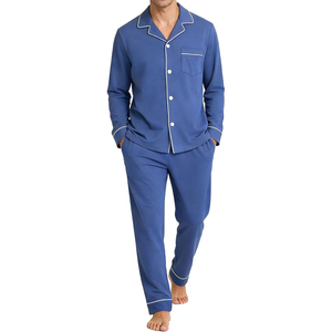 Blue Long Sleeve <b>Pajamas</b> <b>Set</b> Solid Color Cotton Knitted Casual Sleepwear with Pocket Autumn Wear - Product Image 1