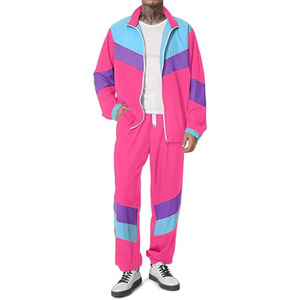 Men's Pink Color Blocking Tracksuit Full Sleeve Zipper Sporty Jogging Set Turn-<b>down</b> Collar Polyester Material Spring Wear - Product Image 2