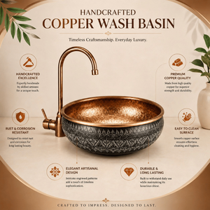 Handcrafted Dual Tone Copper Vessel Wash <b>Basin</b> <b>Round</b> Luxury Countertop Bathroom Sink Embossed Designer <b>Basin</b> for Home and Hotel - Product Image 5