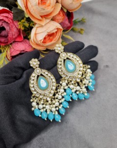 Handcrafted Tear Drop Antique <b>Gold</b> Plated Faux Gemstone Pearl Cluster <b>Dangle</b> <b>Earrings</b> For Women Reception Party Wear Collections - Product Image 6
