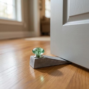 Butée de porte minimaliste en zinc avec bouton en cristal vert, fixation au sol, pour entrée, design durable - Product Image 5
