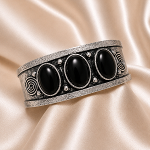 Handmade Black Onyx Bezel Setting Three Stone Oval Wide <b>Cuff</b> Bangle <b>Silver</b>/Gold Plated Brass Classic Bohemian Jewelry for Unisex - Product Image 5