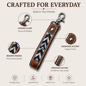 Handcrafted Brown Leather Beaded Keychain Blue White Tribal Pattern <b>Engraved</b> Floral Accent Metal Clasp Vintage Western <b>Key</b> - Product Image 5