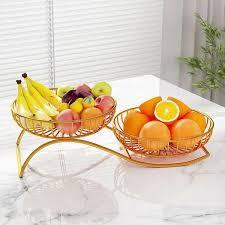 Corbeille à fruits moderne à double niveau, conteneur de rangement rond pour cuisine, paniers en métal sur pied - Product Image 6