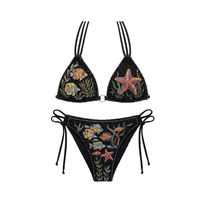 Ensemble de bikini perlé pour femme, maillot de bain 2 pièces à nouer, broderie main motif étoile de mer, noir, en spandex et polyester
