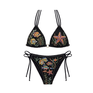 <b>Beaded</b> Bikini <b>Set</b> Women Halter Lace-Up 2-Piece Swimwear Hand Embroidery Fish Starfish Pattern Black Spandex Polyester Bikini <b>Set</b> - Product Image 1