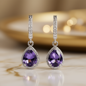 Pendientes de Aro con Circonita Cúbica en Forma de Gota de Agua, Diseño de Halo con Gema Púrpura en Corte Pera, Pendientes Colgantes de Plata de Ley 925 - Product Image 2