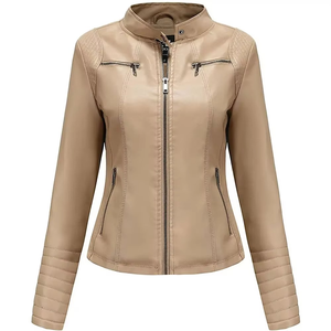 Women's PU Leather Moto Jacket Stand Collar Full Sleeve Zipper Closure Windproof Solid Color Autumn Wear - Product Image 1