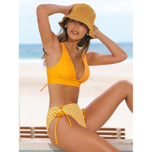 Yellow <b>Bikini</b> <b>Set</b> Deep V Neck Triangle Top Tie Side Bottom Geometric Print Swimwear Beachwear - Product Image 4
