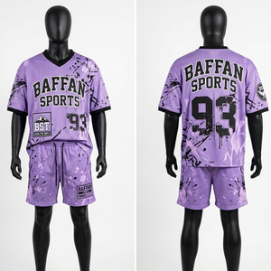 Ensemble maillot et short en mesh polyester premium, violet et noir, avec empiècements graphiques, logo personnalisé par sublimation, pour homme - Product Image 3