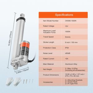 Attuatore Lineare ad Alta Capacità di Carico, Corsa 6 Pollici, 12V con Staffa di Montaggio e Protezione IP54, Cilindro da 330 libbre - Product Image 6