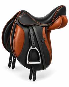 Selle d'équitation anglaise traditionnelle pour l'équitation et les sports équestres, en cuir noir et marron, avec étriers - Product Image 1