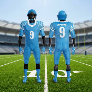 Maquette d'uniforme de football américain sublimé bleu électrique personnalisé, comprenant un maillot numéro 9 et un pantalon assorti. - Product Image 4