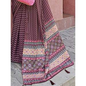 Astonishing Wine Digital Printed Crepe Traditional <b>Saree</b> With <b>Blouse</b> - Product Image 2