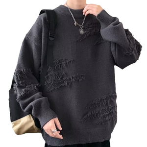 Suéter de Punto Extra Grande para Hombre con Detalles de Flecos, Cuello Redondo, Color Sólido, Diseño Antipilling Cálido para Invierno - Product Image 1