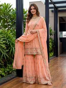 Ensemble sharara pour femme en faux georgette noir brodé avec kurti et dupatta en polyester, longueur ras du sol, robe ethnique traditionnelle pour soirée - Product Image 6