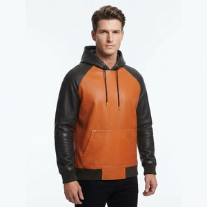 <b>Men's</b> Custom Made Leather Hoodie <b>Men</b> <b>Pullover</b> Leather Fashion Hooded <b>Mens</b> Leather Streetwear Hood With Front Pocket - Product Image 1