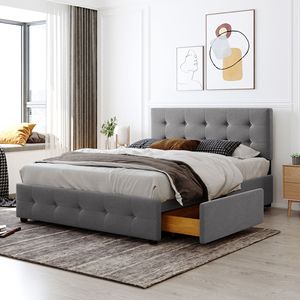 Letto matrimoniale imbottito grigio chiaro con testiera classica e 4 cassetti, non necessita di rete a doghe, in tessuto di lino - Product Image 1