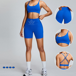 Women's 2 Piece Seamless Breathable Yoga Set Crisscross Back Sports Bra <b>Ruched</b> High Waist <b>Shorts</b> Stretch Activewear Blue - Product Image 1