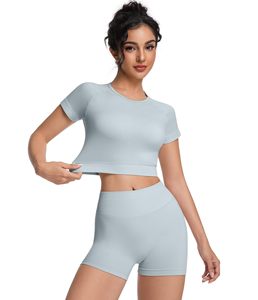 <b>Womens</b> Workout Sets 2 Piece Solid Summer Casual Outfits Scrunch Butt Shorts Crew Neck T-shirt Matching Set For Gym Running Yoga - Product Image 5